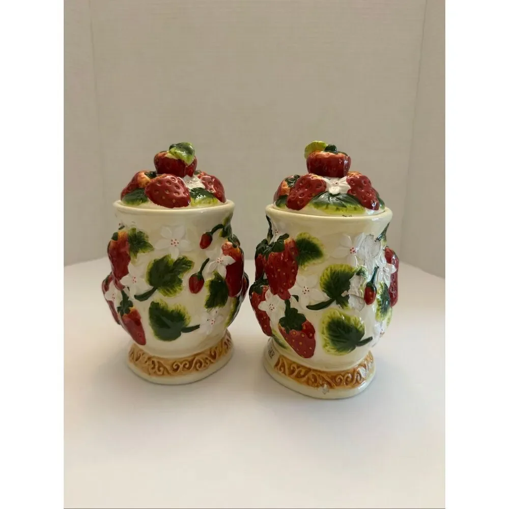 Vintage Retro Strawberry & Floral Sugar and Tea Canister Set of 2 READ